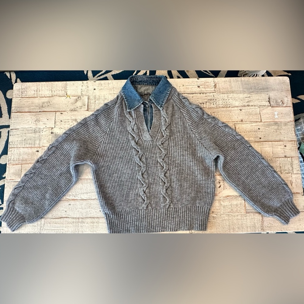 Commense Denim Panel Ribbed Lapel Patchwork Long … - image 4